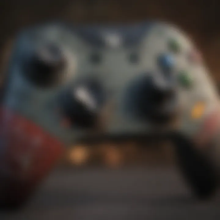 Close-up of a customized Xbox controller reflecting Apex Legends themes
