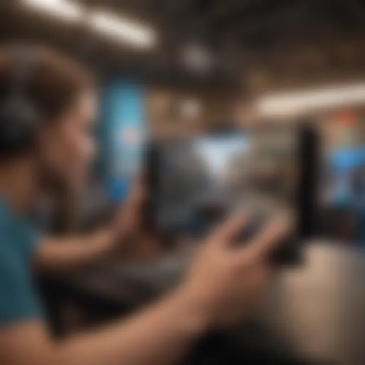 A vibrant gaming scene depicting users engaged in mobile gaming with Backbone devices in a competitive environment.