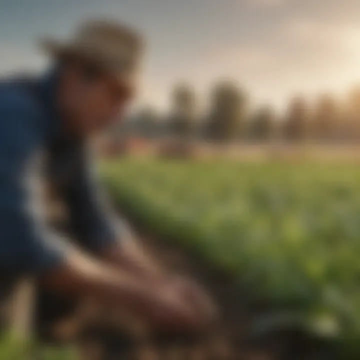 A farmer examining healthy plant growth in a field.