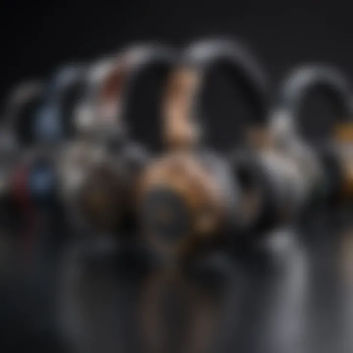 Group of gaming headsets lined up, highlighting various styles and features