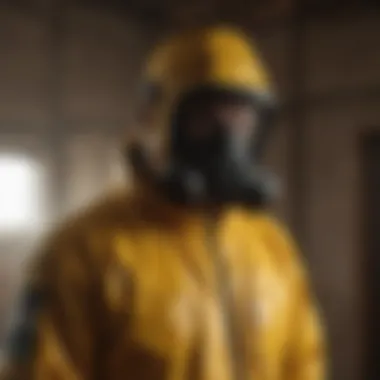 A silhouette of a menacing figure in a hazmat suit