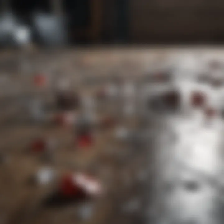 Broken glass scattered on the floor with a bloodstained object