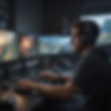 Gamer with Multiple Monitors A gamer immersed in action with multiple monitors displaying diverse game settings.