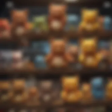 A colorful array of finished Pokémon-themed bears displayed on a shelf.