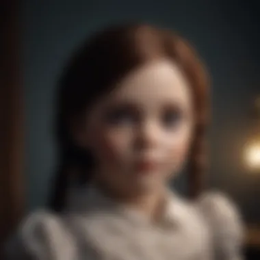 Creepy doll with blank eyes in dimly lit room