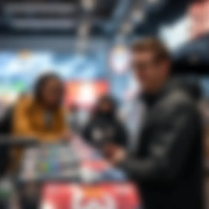 A satisfied customer interacting with GameStop staff about Overwatch