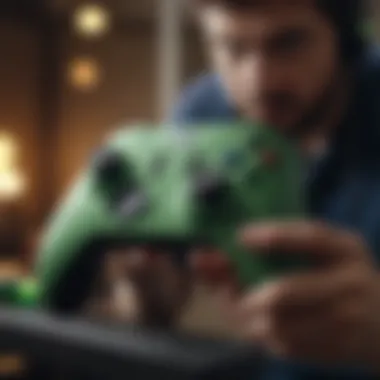 Gamer Utilizing Customized Xbox Series X Controller Gamer testing customized Xbox Series X controller in action