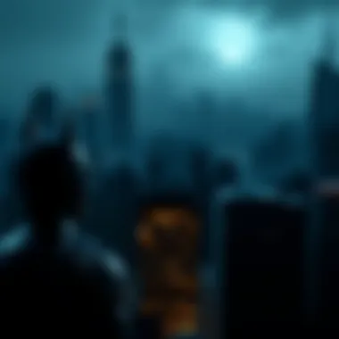 The Enigmatic Skyline of Gotham Gotham City skyline shrouded in darkness