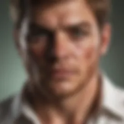Dexter contemplating his moral compass against a blood-stained backdrop