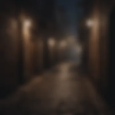 Dark alleyway with flickering streetlights casting eerie shadows