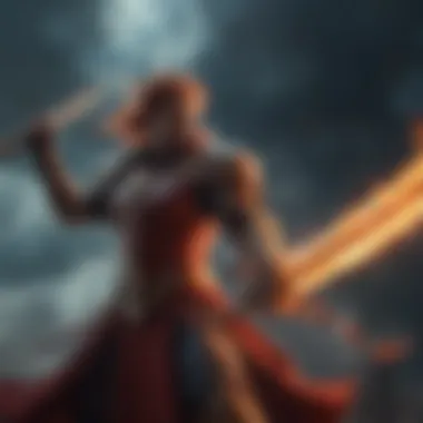 Mystical deity wielding a flaming sword amidst swirling clouds