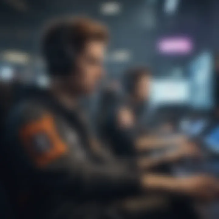 An engaging scene depicting a vibrant e-sports event with competitors and spectators immersed in the action.