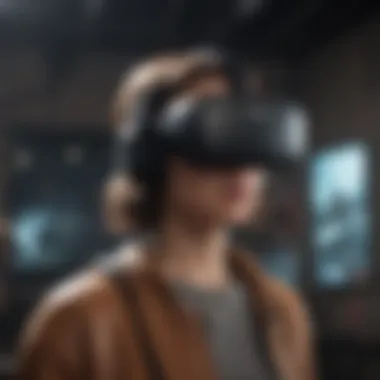 Immersive Gaming Experience with VR A user experiencing immersive gaming through a VR headset in a dynamic setting