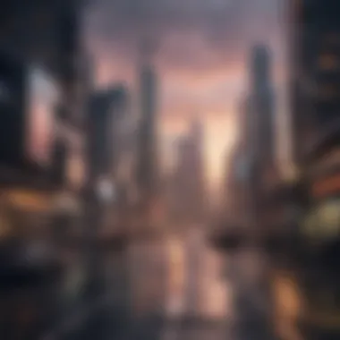 Urban Futurism City skyline at dusk with futuristic buildings