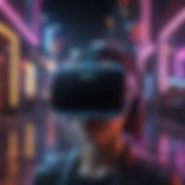 Virtual reality world with neon lights and digital art