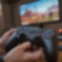 Close-up view of a gaming controller with Fortnite on screen