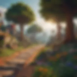 Colorful pixelated landscape resembling a Minecraft world, showcasing blocky trees and structures.