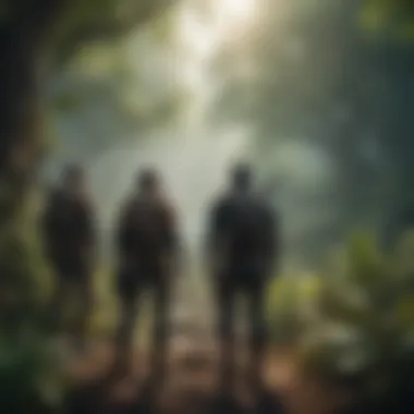 A group of adventurers strategizing before a hunt in a lush, vibrant environment