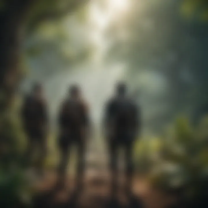 A group of adventurers strategizing before a hunt in a lush, vibrant environment