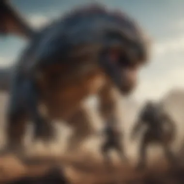 An epic battle scene with a hunter facing a colossal monster in a dynamic pose