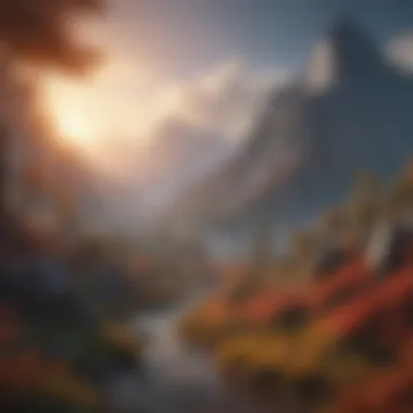 A fantasy landscape featuring a majestic mountain range and vibrant forests
