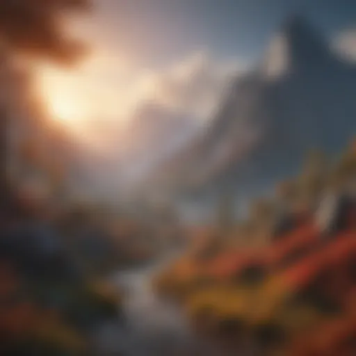A fantasy landscape featuring a majestic mountain range and vibrant forests