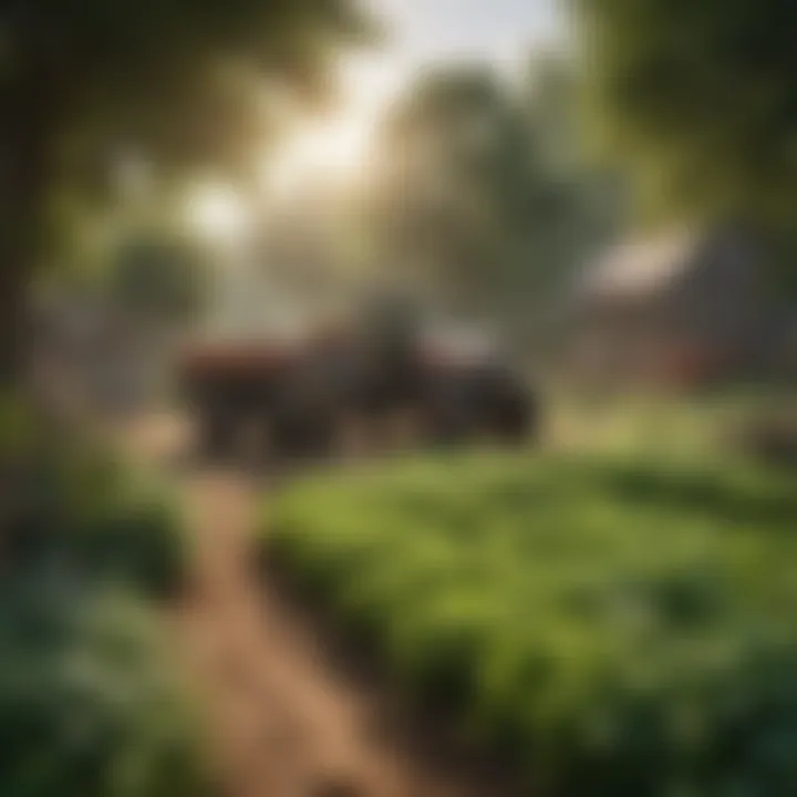 A serene mobile farming game scene with lush greenery and agricultural activities