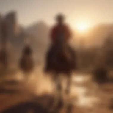 Cowboy riding through the sunset in Red Dead Redemption