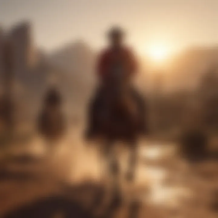 Cowboy riding through the sunset in Red Dead Redemption