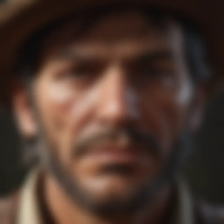 Detailed close-up of the protagonist's weathered face in Red Dead Redemption