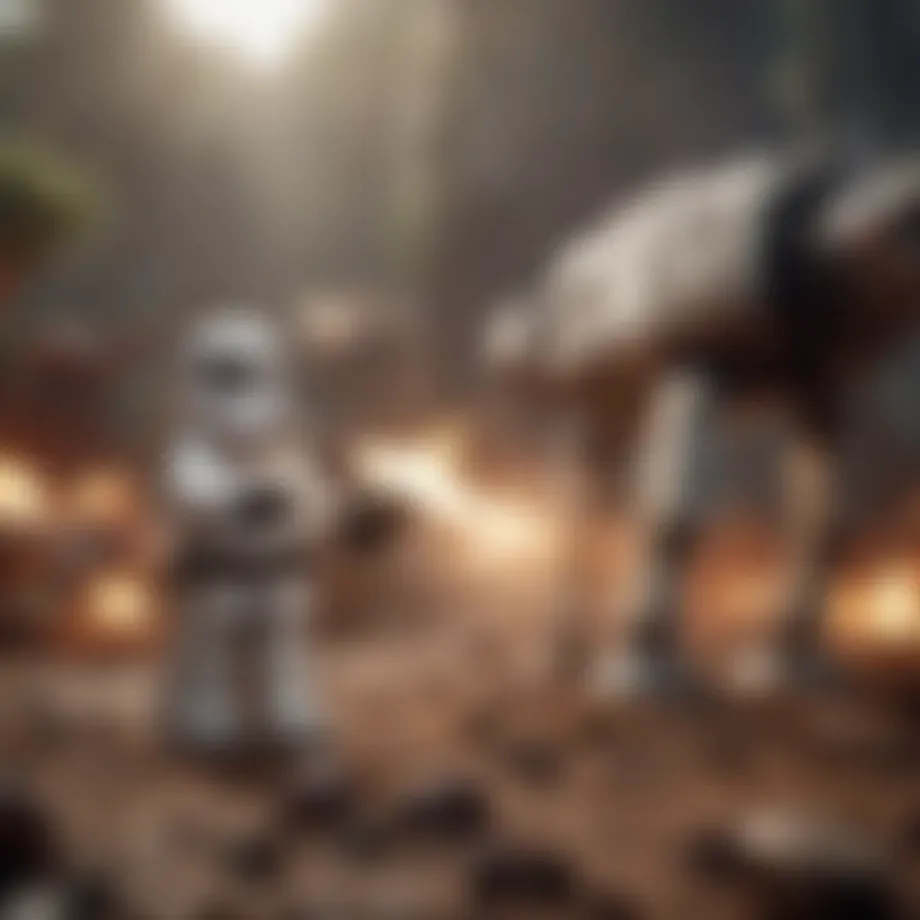 An iconic scene from Lego Star Wars showcasing characters in an epic battle