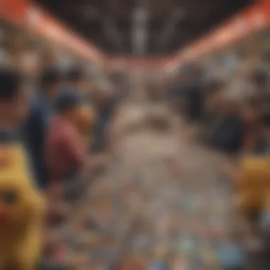 Bustling Pokémon Trading Convention A bustling convention with collectors trading Pokémon cards