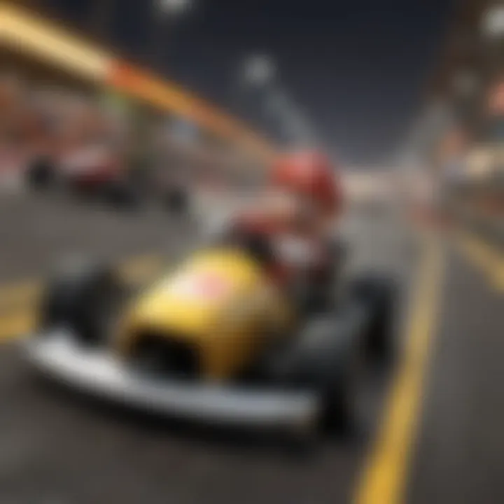 A vibrant scene showcasing various characters from Mario Kart Wii racing on a colorful track