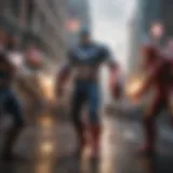 Dynamic scene from a Marvel mobile game featuring iconic characters in action