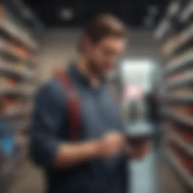 A buyer examining a pre-owned Nintendo Switch at a retail store.