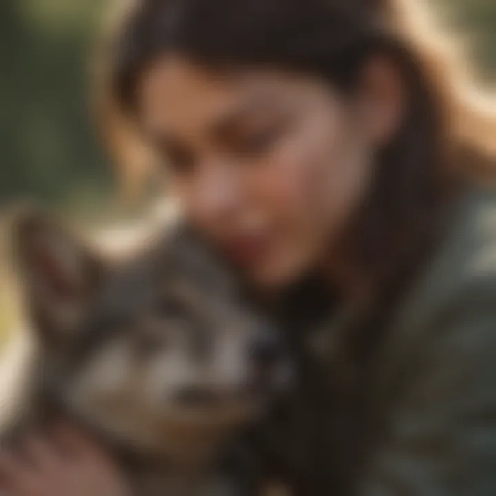 Owner bonding with a wolf puppy in a serene moment