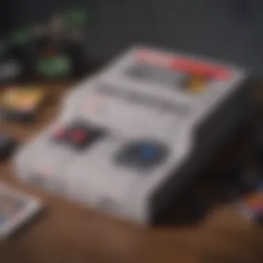 Nostalgic SNES Showcase A nostalgic view of the Super Nintendo Entertainment System with classic game cartridges.