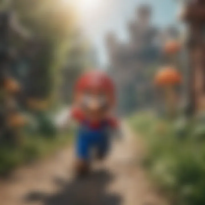 Super Mario collecting power-ups amidst mesmerizing pixel art scenery