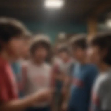 A group of young fans proudly wearing their Stranger Things shirts in a playful setting.
