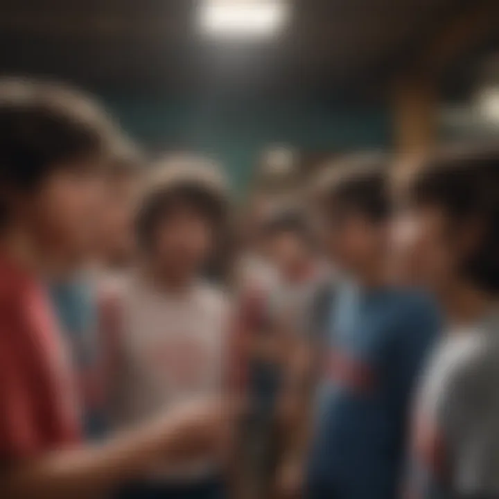 A group of young fans proudly wearing their Stranger Things shirts in a playful setting.