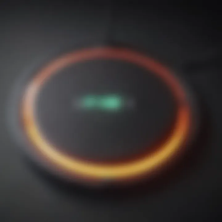 A close-up of a charging pad with indicators showing fast charging in action.