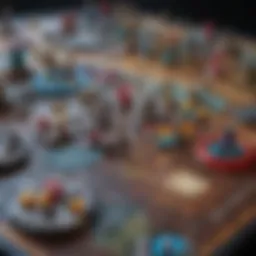 A strategic board game setup with intricate pieces and vibrant colors