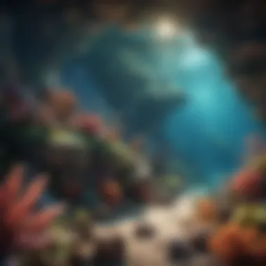 An underwater view of a vibrant coral reef filled with treasures