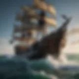 A pirate ship sailing through turbulent waters