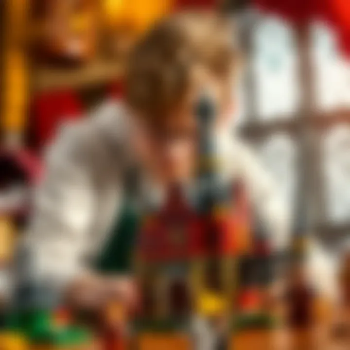 Building the Gryffindor LEGO Set A builder engaged in assembling the Gryffindor LEGO set, showcasing the construction experience