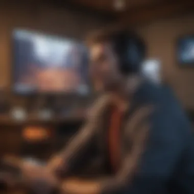 An individual immersed in a video game in a cozy environment