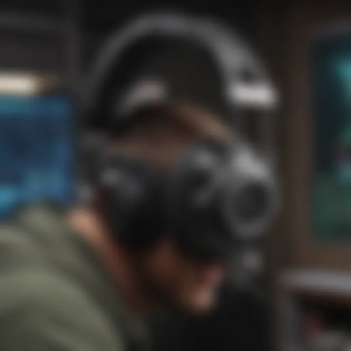An audio engineer analyzing headset mic quality in a professional setting