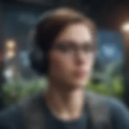 A serene gamer immersed in a digital landscape.
