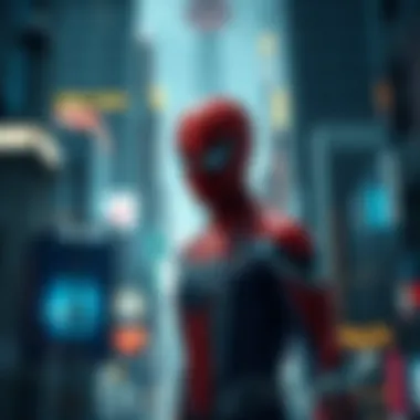 Iron Spiderman in a Futuristic City Artistic representation of Iron Spiderman amidst a futuristic cityscape.