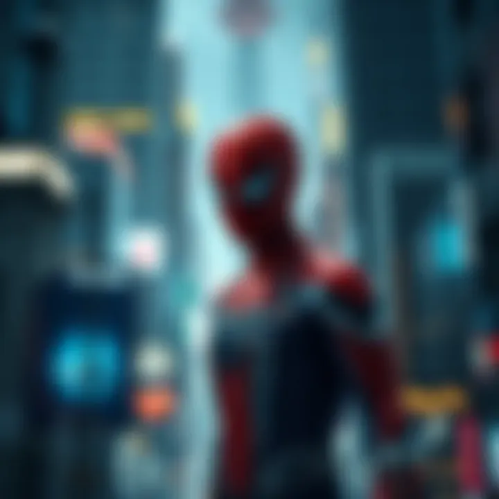 Iron Spiderman in a Futuristic City Artistic representation of Iron Spiderman amidst a futuristic cityscape.